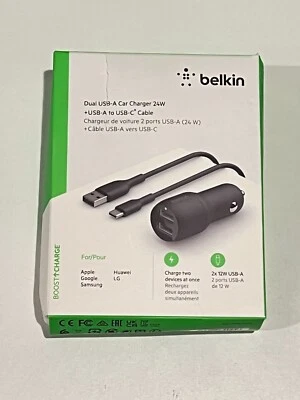 Belkin USB-A Dual Car Charger 24W w/ USB-C Cable - Black OPEN BOX - Image 1 of 2