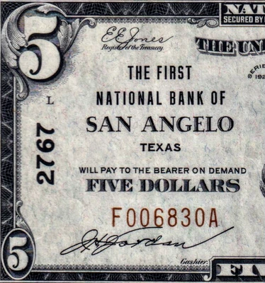 USPC FR#1800-1 1929 TYPE 1 $5 NBN SAN ANGELO, TX PMG 45 EF ((RARE & DESIRED)) - Image 1 of 4