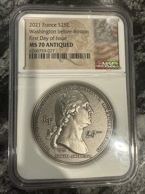 21 France 2-oz Silver Washington Before Boston High Relief Antiqued NGC MS70 FDI - Image 1 of 2