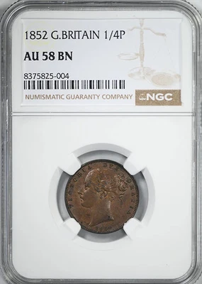 1852 Great Britain 1/4P Farthing NGC AU58BN - Image 1 of 4