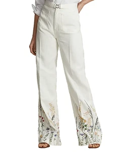 Polo Ralph Lauren sz 16 Floral Embroidered 100% Hemp Wide Leg Pants Boho - Picture 1 of 12