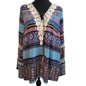 Umgee Women's V-Neck Crochet Trim Paisley Stripe Tassel Popover Boho Size Large - Picture 1 of 12
