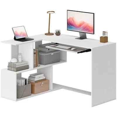 HOMCOM Scrivania Angolare con Scaffale e Ripiano Scorrevole per Tastiera Bianco - Immagine 1 di 4
