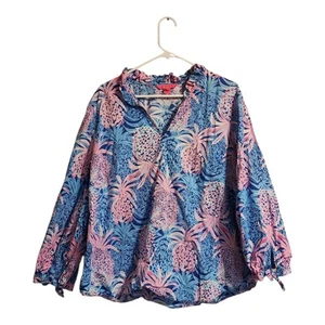 Lilly Pulitzer Sherida Top Blouse Borealis Blue Tropical Pineapple Sz XL Cotton - Picture 1 of 10
