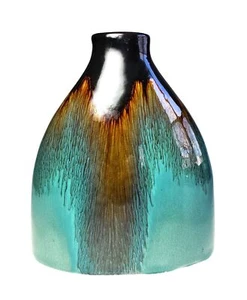 Turquoise Brown Drip Table Vase Studio Handcrafted Art Pottery - Picture 1 of 6