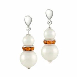 Alpine Topaz Crystal Shell Pearl Silver Tone Drop Pierced Earrings - Picture 1 of 2