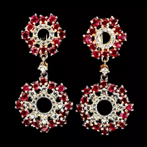 AAA RICH RED RUBY EARRINGS W/WHITE CZ ACCENTS 925 STERLING SILVER 14K RGP - Picture 1 of 3