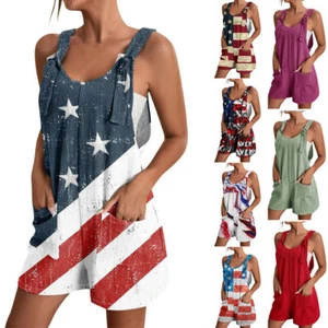 Women Rompers Overall 4th of July Short Jumpsuit with Pockets Adjustable Straps - Picture 1 of 21