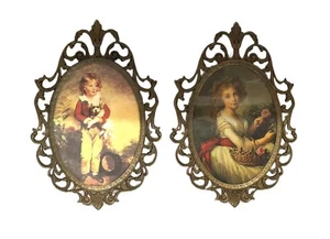 Wall Art Oval Ornate Framed Metal Victorian Picture Girl Boy Florentia Italy VTG - Picture 1 of 11