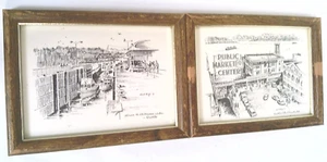 ✅ 2 Seattle~Pike Place Market/Hiram Locks~Hal Mize~Etchings~Framed~Vintage - Picture 1 of 16