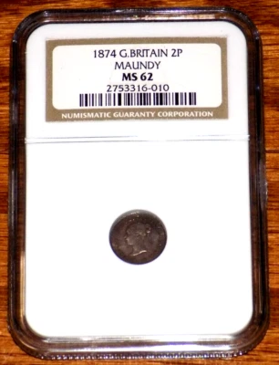GREAT BRITAIN 1874 2 Two Pence Silver NGC MS 62 Queen Victoria Maundy 2P Coin - Image 1 of 4