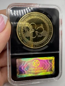 Moneta a increspatura placca oro moneta commemorativa rotonda da collezione moneta XRP con custodia - Foto 1 di 10