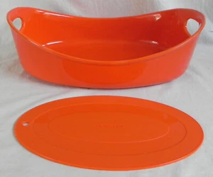 Rachel Ray 3-qt Oval Open Roaster + Trivet, Orange Stoneware Casserole Dish, Exc - Picture 1 of 8