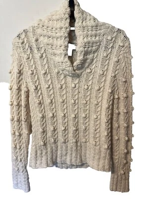 evie Sweater Womens Size Large Ivory V Neck  Popcorn Cable Knit Long Sleeve - Image 1 of 4