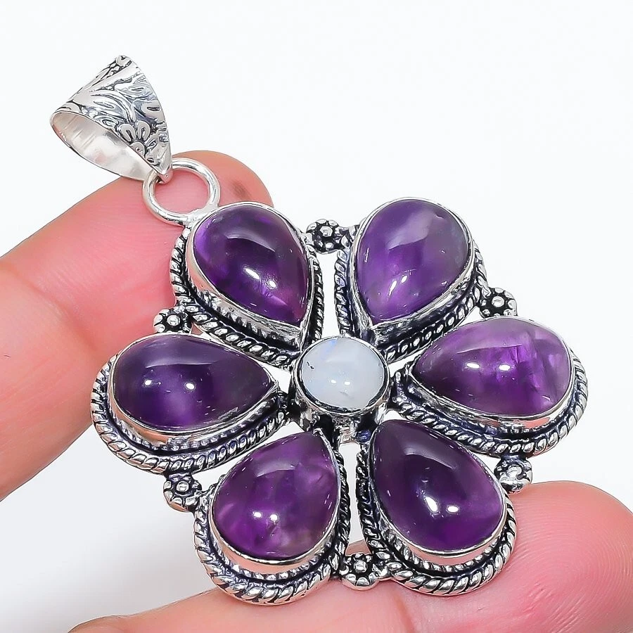Colgante de joyería de plata de ley 925 hecho a mano con piedras preciosas de amatista natural tamaño 2,5" Foto 1 de 1