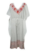 Womens Kaftan Dress White Embroidered Boho Style Kimono Caftan Cover Up L