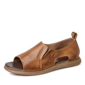 Sandalias estilo romano punta abierta sin cordones conducción cuero real zapatos planos de verano para hombre - Imagen 1 de 17
