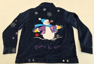 The Quacker Factory Blue Velour Jacket Christmas Snowman Women's Size Medium - Picture 1 of 7