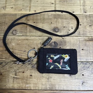 Vera Bradley Lanyard Keychain Wallet Coin Purse Black Canvas Floral EUC - Picture 1 of 4