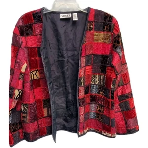 Chico’s Vintage Patchwork Open Crushed Velvet Silk Jacket Red Black Size 1 (8) - Picture 1 of 7