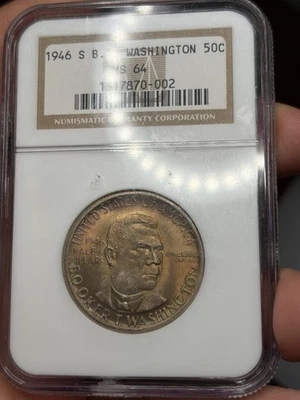 1946 S Booker T Washington Commemorative Half Dollar PCGS MS64 - Rainbow Toner - Image 1 of 3