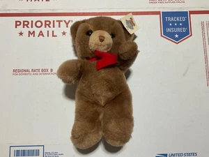 Vintage 1983 GUND Plush Tender Teddy 8” Brown Bear w Red Bow - Picture 1 of 6