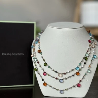 Ross Simons 14K Gold Over Silver 3-Row Pearl & Multicolor Gemstone Necklace 20” - Image 1 of 4