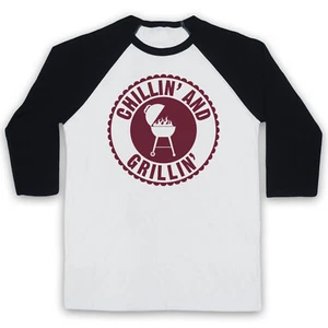 BBQ CHILLIN AND GRILLIN RETRO SLOGAN FUNNY BARBEQUE 3/4 SLEEVE BASEBALL TEE - Picture 1 of 11
