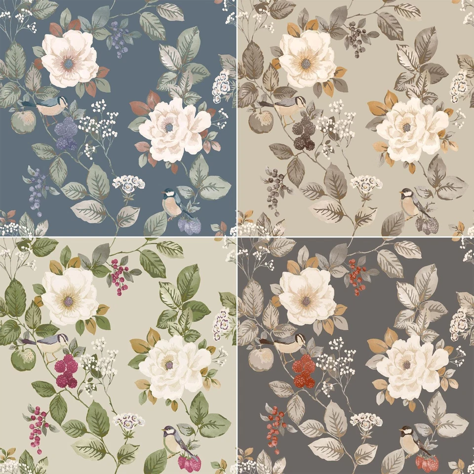 Belgravia Bramble Floral Wallpaper Flowers Leaves Birds Washable - Choose Colour - Image 1 of 1