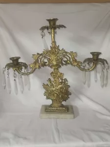 Antique Ornate Solid Brass Candelabra with Floral Bouquet Design on Marble Base - Picture 1 of 8