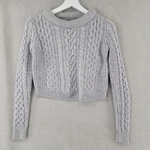 Club Monaco Sweater Womens Small Gray 100% Merino Wool Cable Knit Crop Fisherman - Picture 1 of 7