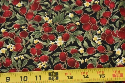 33" Long, Red Berries & Metallic-Gold on Black Quilt Cotton, Moda/Rodgers, P821 - Image 1 of 4
