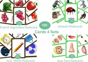 Tarjetas flash de primeras 100 palabras, animales, partes del cuerpo, frutas y verduras para niños pequeños. - Imagen 1 de 9