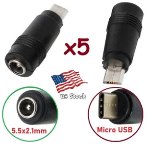 5-pcs DC Power 5.5x2.1mm Female to Micro USB Male Charging Converter Adapters - Picture 1 of 6