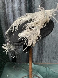 Pasadena Black Juliette Cap Hat Bonnet Felt Trim Chin Tie Pale Blue Feathers VTG - Picture 1 of 8
