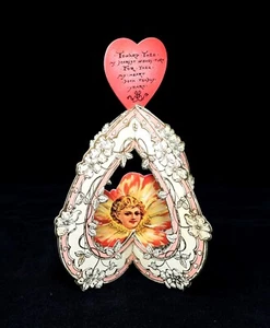 Early 1900's Fold Down-Die-Cut Valentine Card, Heart Shape, Flowers, Girls Face - Picture 1 of 6
