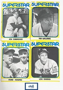 4 carte SuperStar Baseball 1982 1980 stampa Dimaggio Gehrig Williams Ford Koufax - Foto 1 di 2