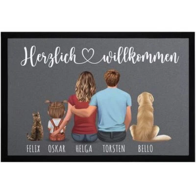 Fußmatte Familie mit Figuren und Namen personalisiert 1,2,3,4 Kinder Hund Katze - Bild 1 von 2