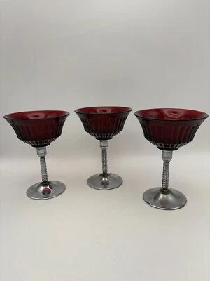 3 Ruby Red Cordial Aperitif Wine Cocktail Glass with Detachable Chrome Stem MCM - Image 1 of 4