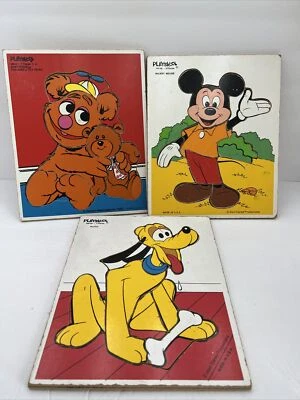 Vintage Wooden Puzzle Lot of 3 Walt Disney Playskool Mickey Pluto Baby Fozzie  - Image 1 of 4