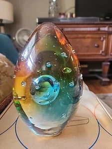 Fermacarte scultura uovo vetro artistico ispirazione Murano vintage multicolore 7" pollici - Foto 1 di 4