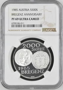 1985 AUSTRIA SILVER 500 SCHILLINGS Proof - BREGENZ ANNIVERSARY - NGC PF 69 UC - Picture 1 of 2