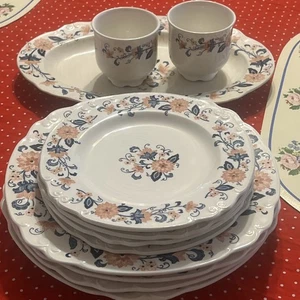 Vintage Nikko Japan Ironstone “Blue vineyard” Peach And Navy Floral Dinner 15 Pc - Picture 1 of 24