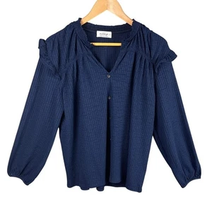 Anthropologie Kaileigh Long Sleeve Split Neck Blouse  Shirred Detail Navy Black  - Picture 1 of 8