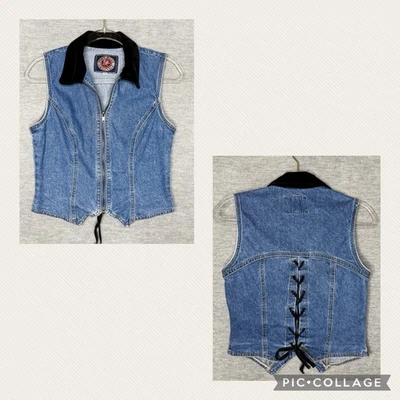 De colección Años 90 Y2K Corsé Denim Jean Vext Cuello Terciopelo Talla S/M Paris Azul Mujer Foto 1 de 4