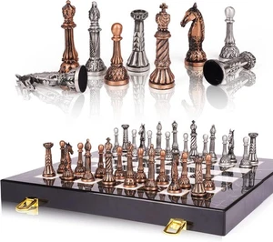 Retro Metall Schachspiel Marmor Schachbrett mit Metallfiguren Klappbrett - Bild 1 von 6