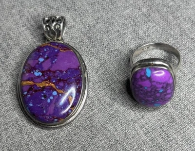 Native American Purple Turquoise Sterling Silver Pendant & Ring Size 6 - Image 1 of 2