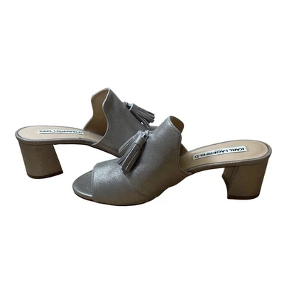 Karl Lagerfeld Metallic Silver Tassel Block Heel Mules Shoes Women's Size 8M - Image 1 of 4