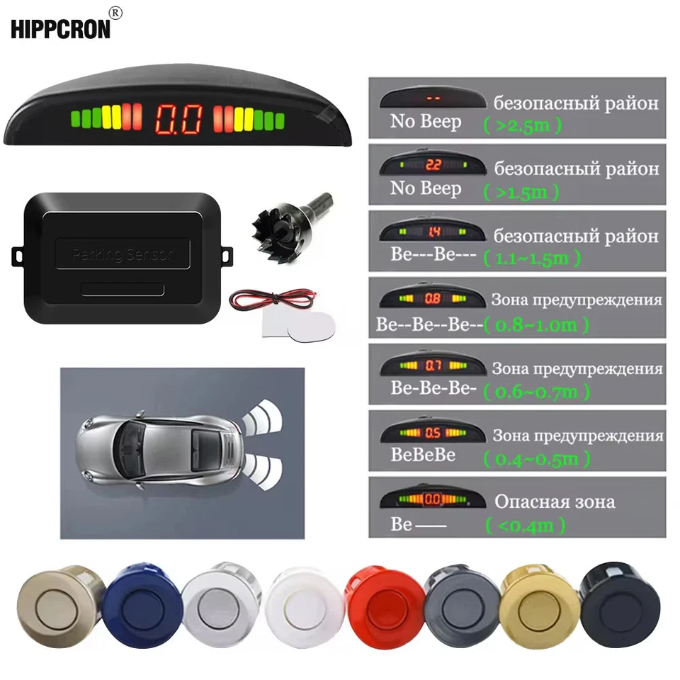 Car LED Parking Sensor Kit 4 Sensors System 22mm Backlight Display 12V 8 Colors - Image 1 of 4