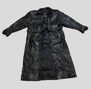 Tibor schwarzer Vintage Leder Trenchcoat groß gefüttert Taschen offene Träger - Bild 1 von 4